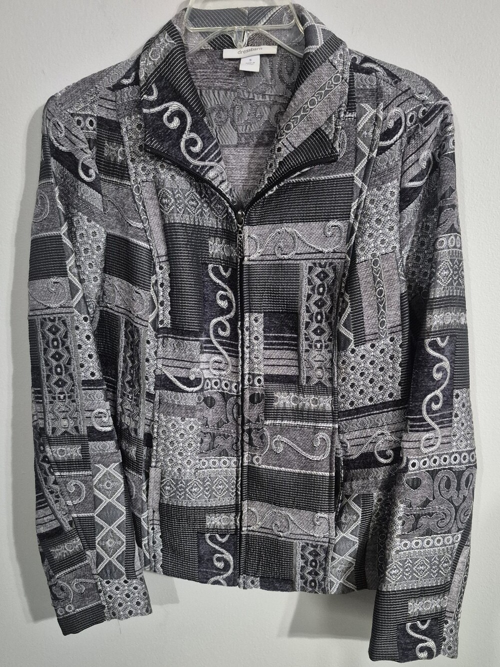 dressbarn Black and Gray Patchwork Zip-Up Blazer Size Small